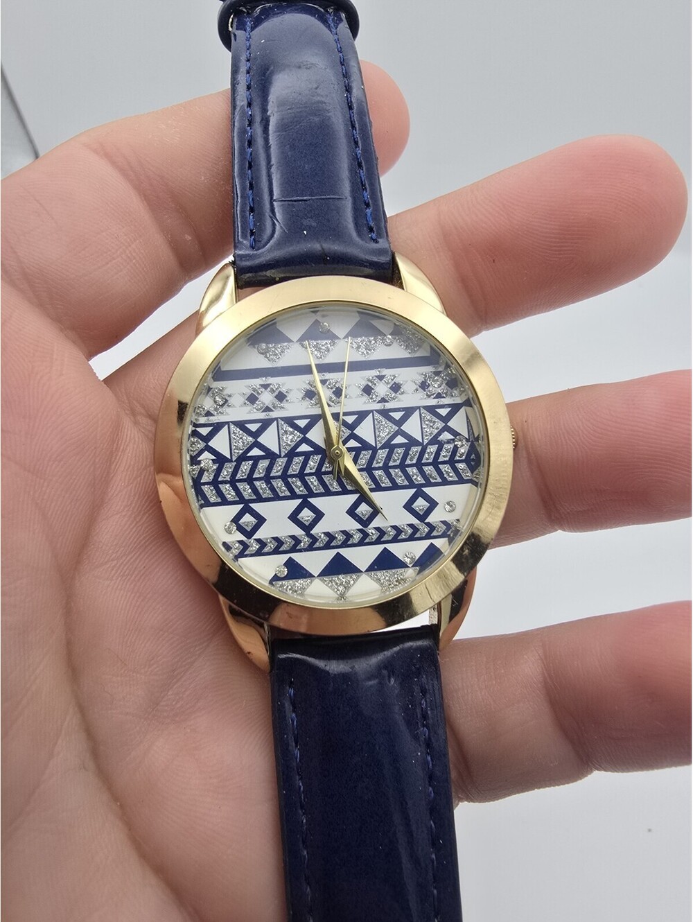 Gold Tone Aztec Tribal Glitter Dial Watch Navy Blue Leather Band Japan Movt